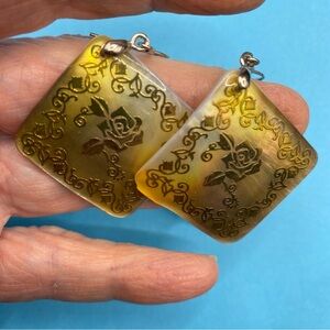 Artisan Made Mother-Of-Pearl Resin Gold Floral Design Pierced Dangle Earrings